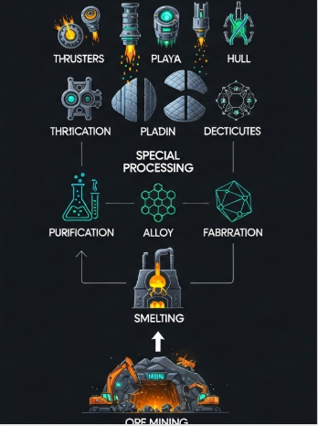 스피어 주가 전망 관련 이미지(원석 채굴부터 제련, 특수 가공을 거쳐 우주선 부품으로 탄생하기까지의 수직계열화 과정을 묘사한 깔끔한 인포그래픽)