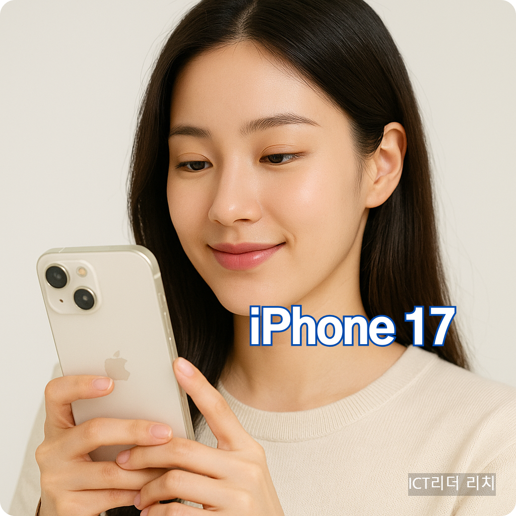 밝은색 아이폰17을 사용하는 여성 모델 이미지