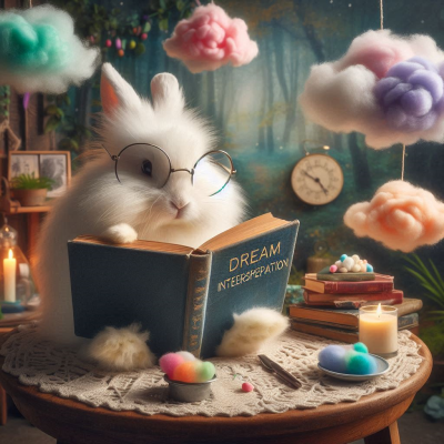 작은 책을 펴고 꿈을 읽는 토끼와 다채로운 구름들.