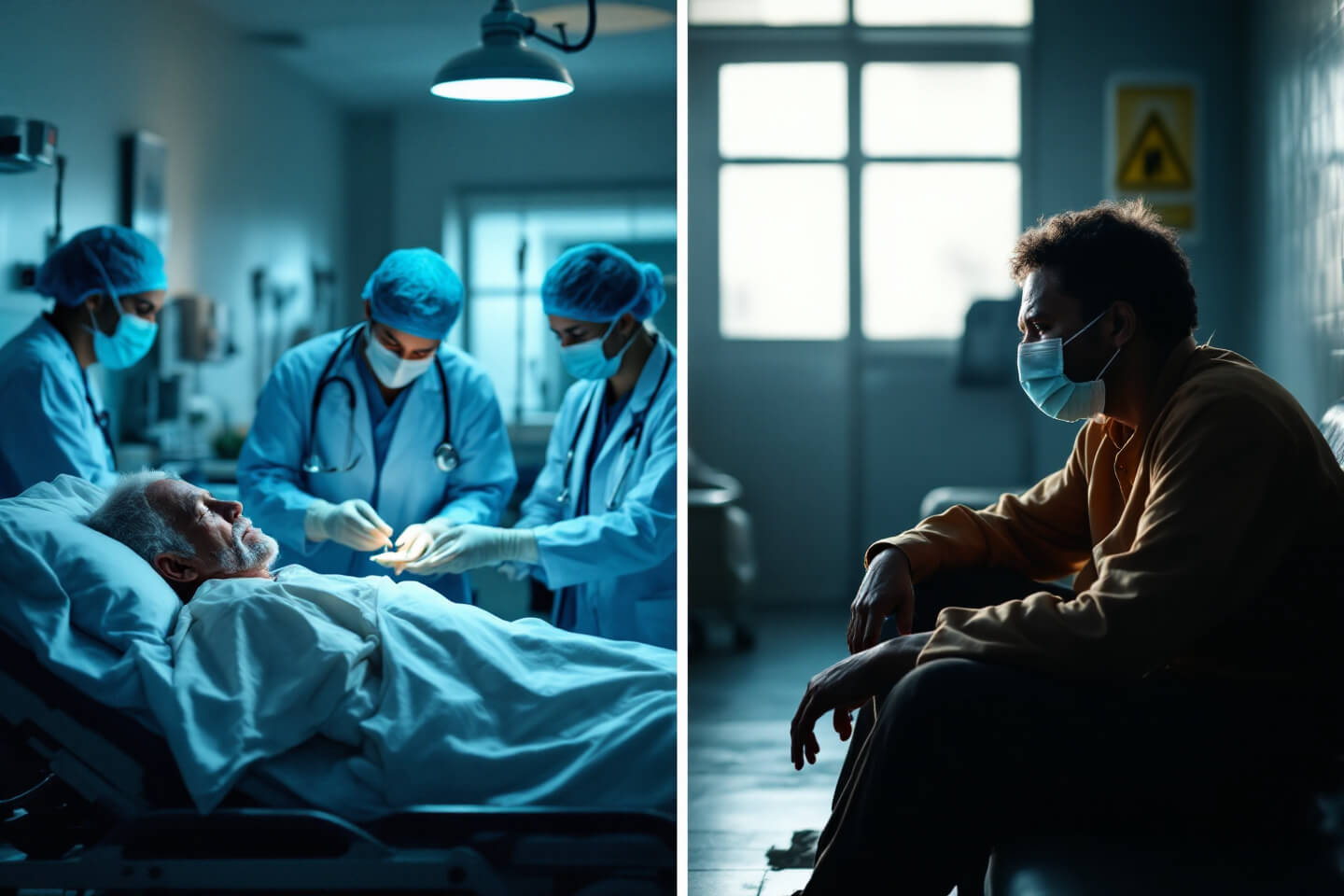 병실에서 환자를 치료하는 의료진과, 병원 대기실에서 혼자 기다리는 지방 환자의 대비된 모습. 의료 불균형이 가져오는 문제를 상징적으로 표현