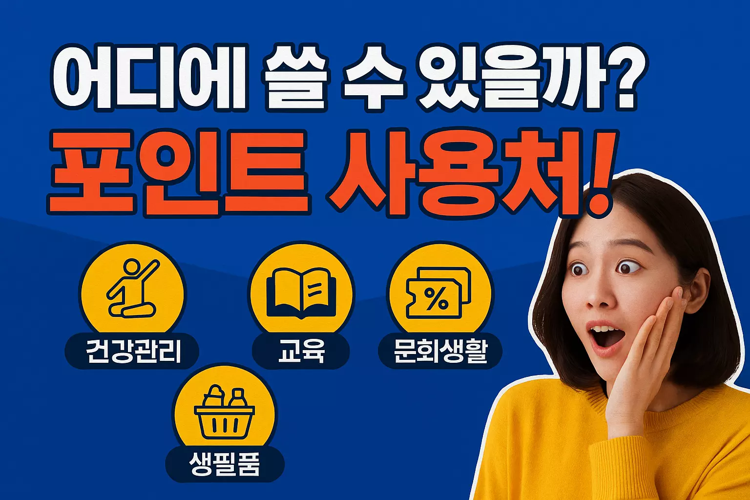 경기도 청년 복지 포인트 사용처 안내 이미지, 놀란 표정의 여성과 함께 건강관리, 교육, 문화생활, 생필품 아이콘이 강조되어 있음