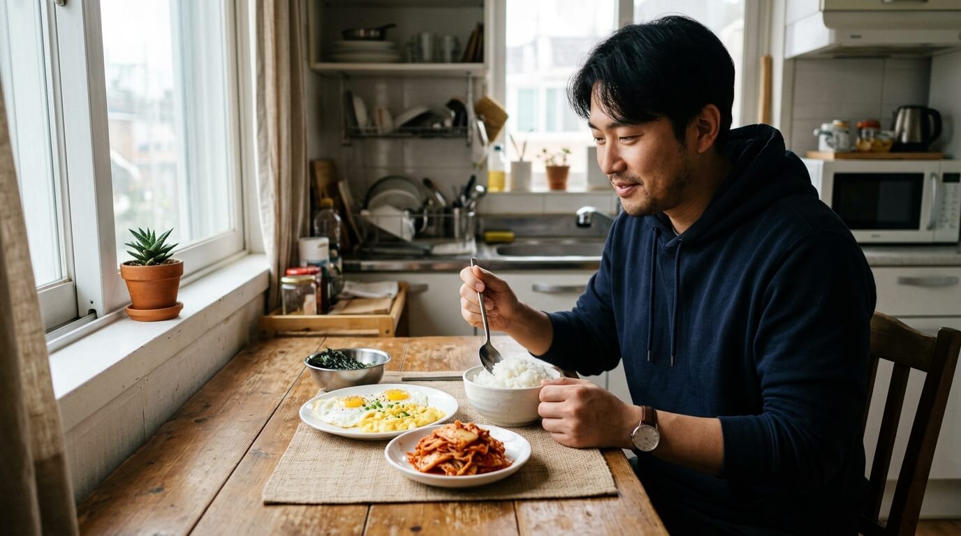 혼자 사는 부엌 식탁 위에 놓인 간단한 계란 요리와 김치 접시