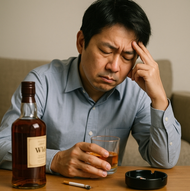 갈색 양주병과 유리잔을 앞에 두고 피곤한 표정으로 이마를 짚고 있는 남성의 모습. 테이블 위에는 담배와 재떨이도 함께 놓여 있으며, 과음과 흡연의 일상적인 피로감을 시각적으로 보여주고 있다.