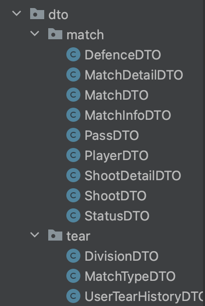 매치 응답을 위한 DTO 클래스 구조 코드 화면 (1)