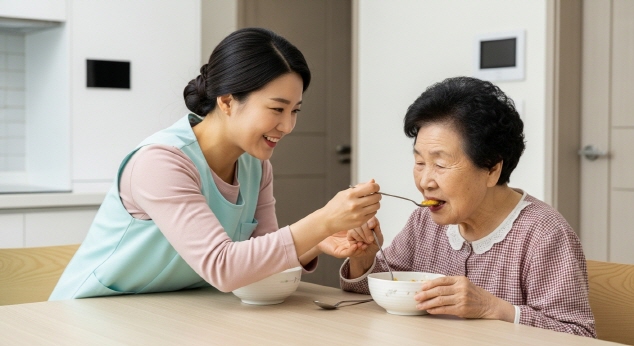 노인과 요양보호사 간호 장면