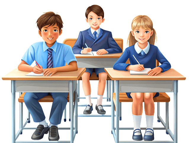 교실 책상 앞에 중학생 3명이 앉아서 수업을 듣는다. 남학생 2명, 여학생 1명이다.