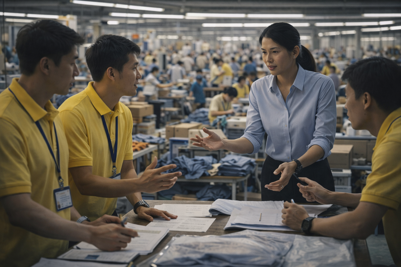 의류 생산 현장을 배경으로 회의를 이끄는 여성 리더