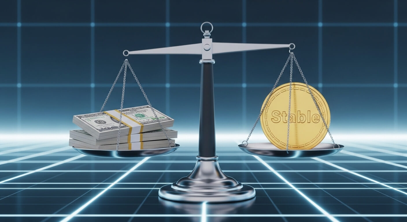 양팔저울위에 달러와 STABLE 코인이 균형을 이루고 올라가 있다