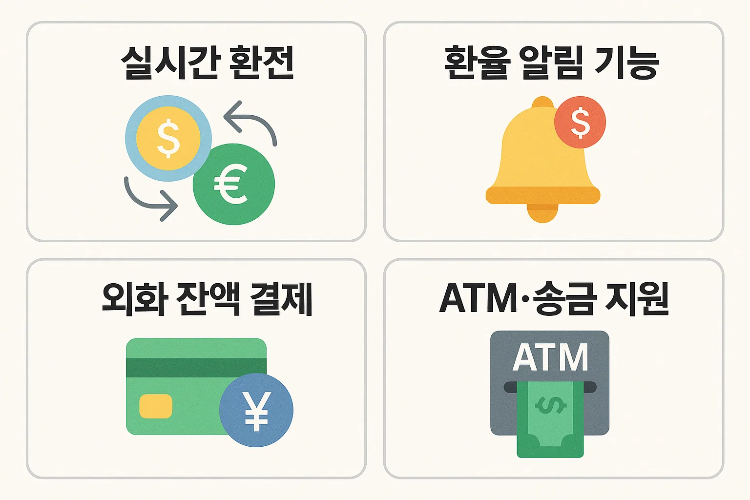 토스 외화통장의 주요 기능을 소개하는 이미지로, 실시간 환전, 환율 알림, 외화 잔액 결제, ATM&middot;송금 지원 등 주요 혜택을 시각화했습니다.