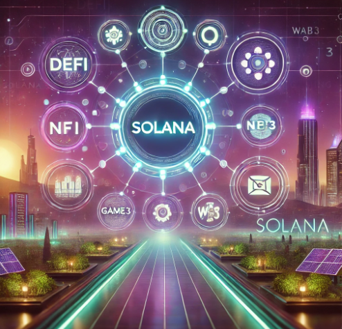 솔라나의 미래를 상징하는 이미지: 솔라나 로고를 중심으로 다양한 산업과 기술을 나타내는 아이콘들이 연결되어 있고, 배경에는 미래 도시의 스카이라인이 보이는 모습
