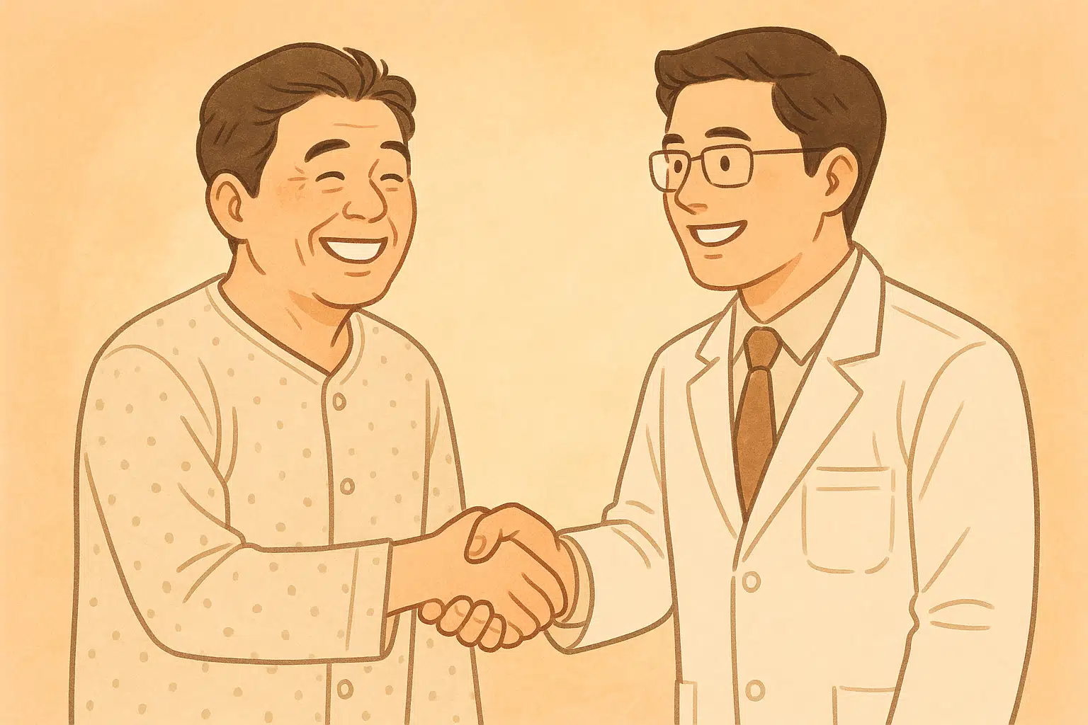밝은 미소를 짓는 환자와 의료진이 악수하는 장면