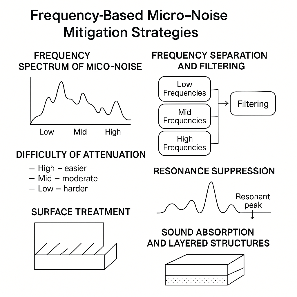 이 인포그래픽은 미시소음을 주파수 기반으로 억제하는 전략을 6개 항목으로 나누어 시각화한 그림이다.
좌측 상단에는 미시소음이 포함한 Low–Mid–High 주파수 대역의 스펙트럼 곡선이 표시되어 있고, 우측 상단에는 낮은 주파수, 중간 주파수, 높은 주파수를 각각 분리하여 필터링하는 구조가 그려져 있다.

왼쪽 중단에는 주파수별 차단 난이도(고주파는 비교적 쉬움, 중간은 보통, 저주파는 어려움) 가 텍스트로 정리되어 있으며, 오른쪽 중단에는 공진을 억제하기 위한 ‘공진 봉우리(Resonant peak)’ 감소 시각화가 포함되어 있다.

아래에는 두 가지 구조적 해결책이 제시된다.
왼쪽은 표면 구조 변경(Surface Treatment) 을 통해 반사되는 고주파를 분산시키는 그림이며, 오른쪽은 흡음재 + 다층 구조(Layered Structures) 를 사용해 다양한 주파수를 동시에 흡수하는 구조를 보여준다.