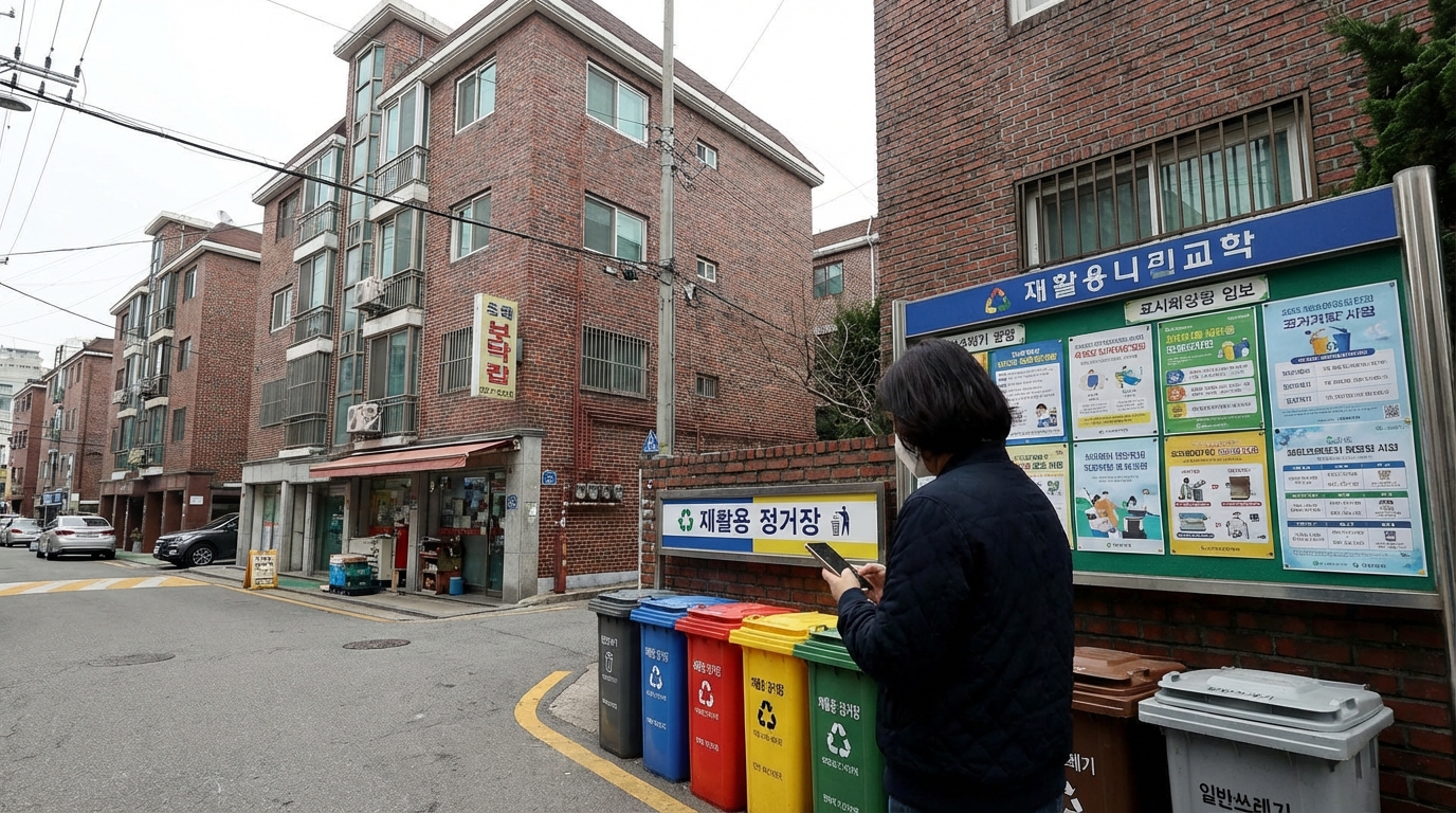 새로 이사 온 동네의 쓰레기 배출 요일과 재활용 분리배출 장소를 확인하는 모습