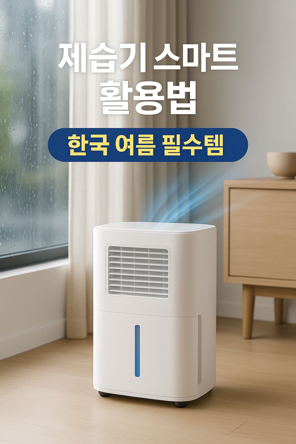 심플한 거실 창가에 비 오는 날 배경으로 놓인 최신형 제습기, 파란 공기 흐름 그래픽과 함께 광고 느낌