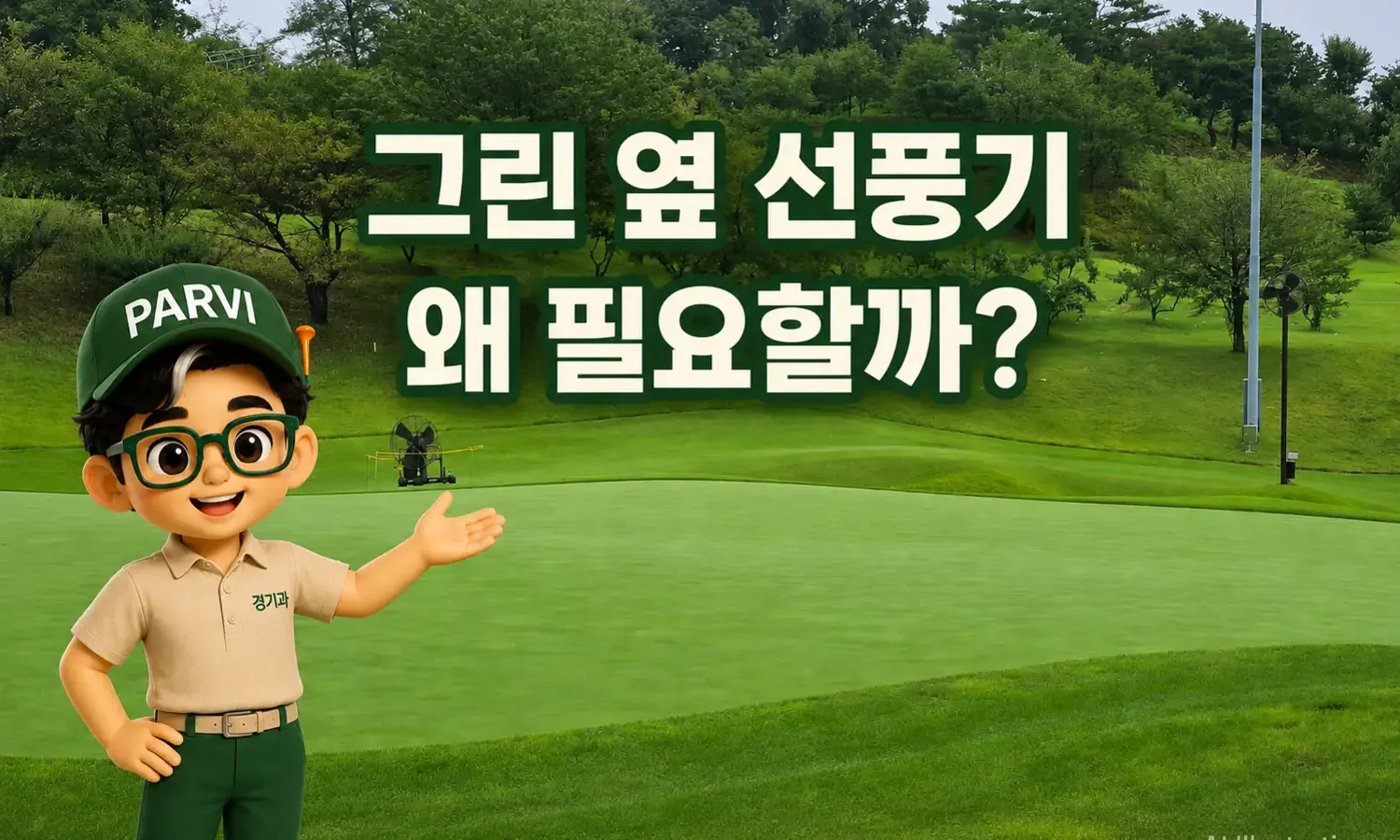 골프장 그린 옆 지상형 선풍기와 스탠드형 선풍기를 설명하는 경기과 캐릭터