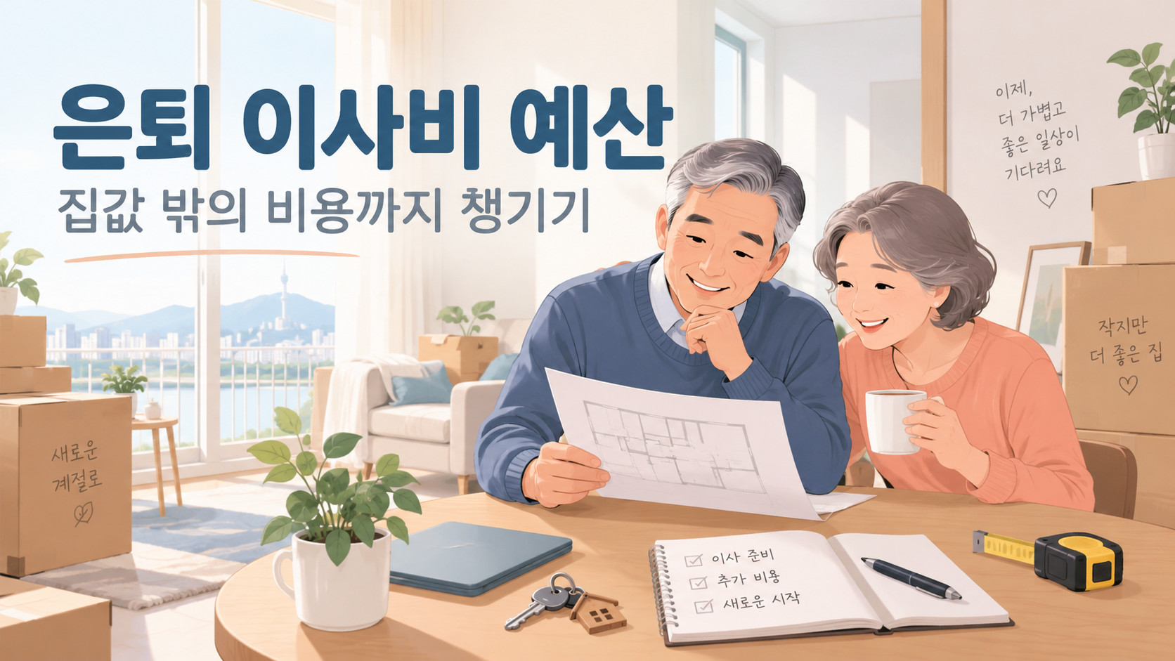 새집 도면과 이사 준비 비용을 점검하는 은퇴 부부 대표 이미지