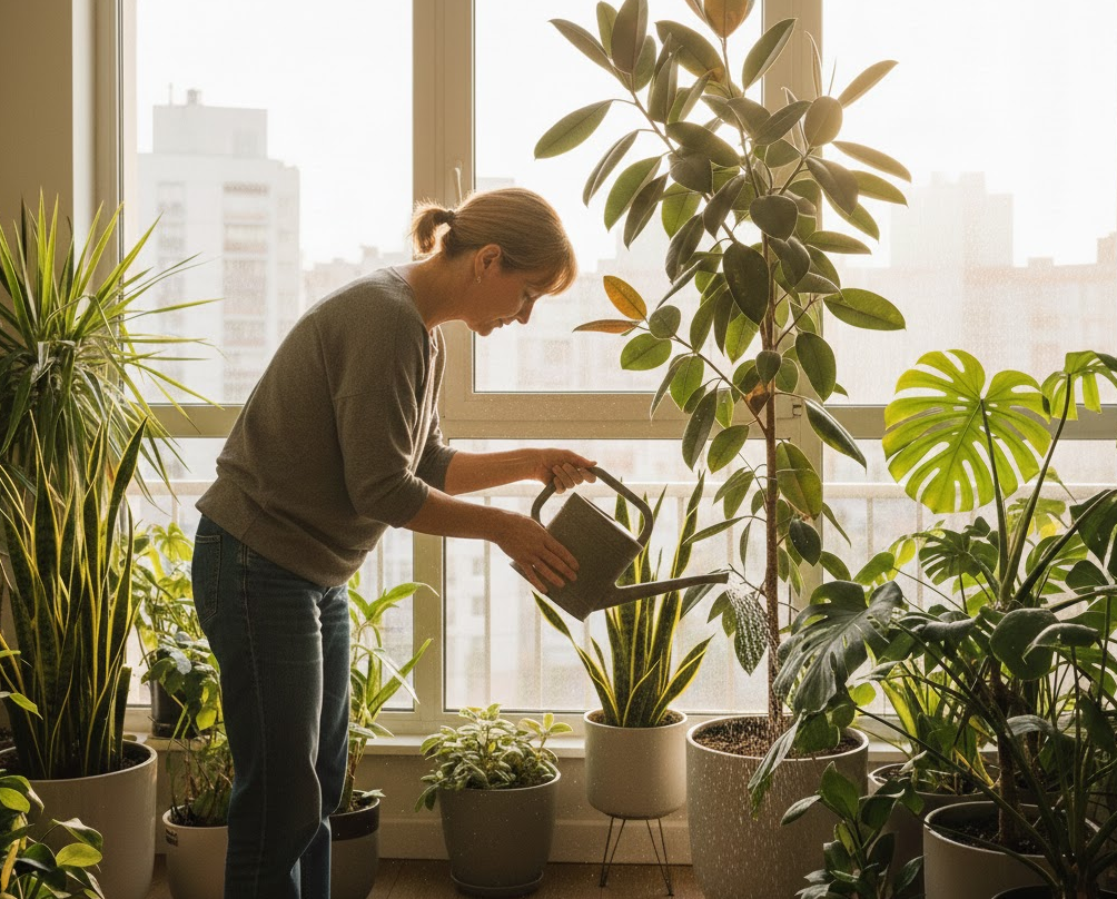 공기 정화 식물들을 관리하고 있는 여성