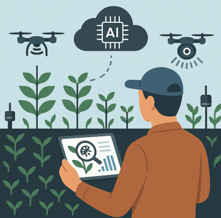 AI 병해충 분석 과정을 표현한 인포그래픽. 드론과 센서가 농장의 병해충 상태를 수집하고, 클라우드 AI가 데이터를 분석해 스마트 기기에 진단 결과와 대응 전략을 제공하는 과정을 시각화한 이미지.