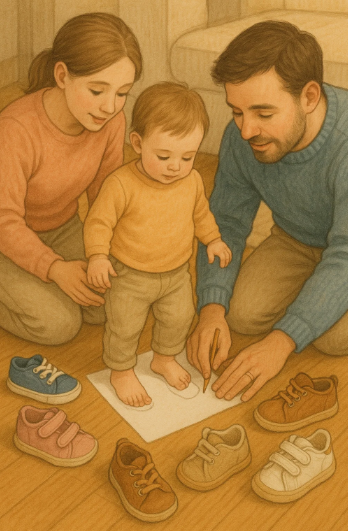 부모가 아기 발 사이즈를 종이에 그려가며 측정하는 모습