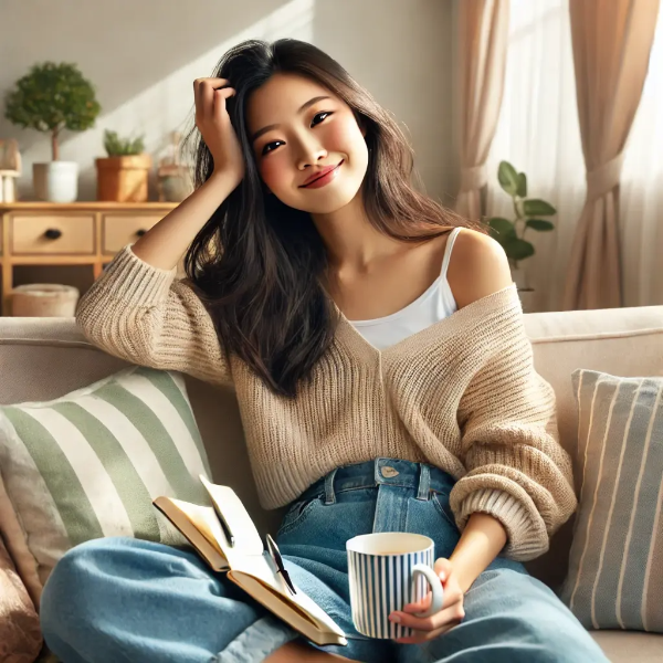 차와 노트를 들고 개운한 표정을 짓는 동양인 여성