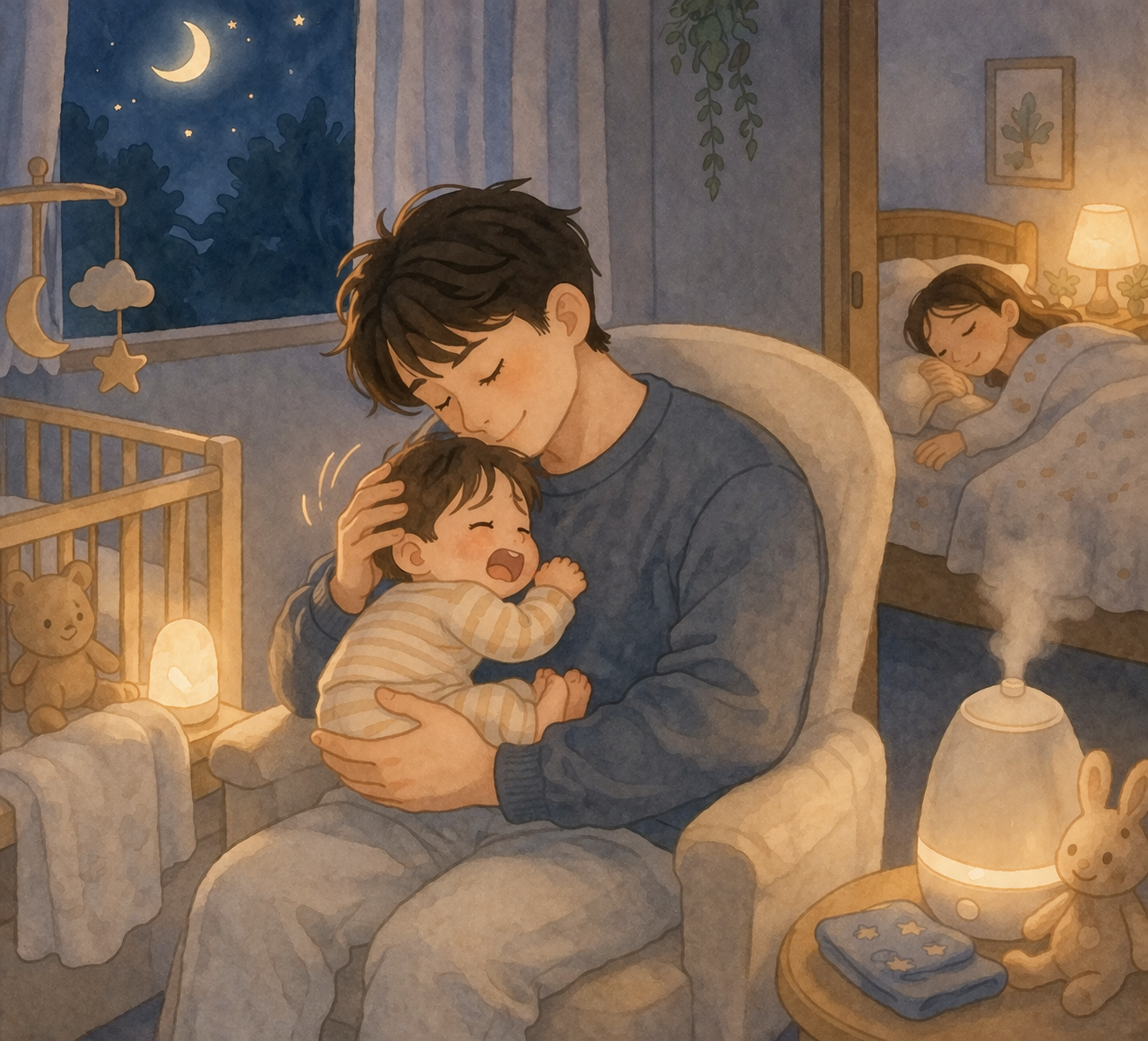A father gently soothing a fussy baby in a dimly lit room at night, while the mother rests nearby, illustrating a shared approach to nighttime weaning.
