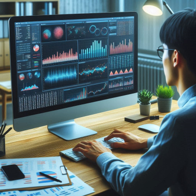 "대시보드 스타일의 데이터 시각화를 작업하는 사람"