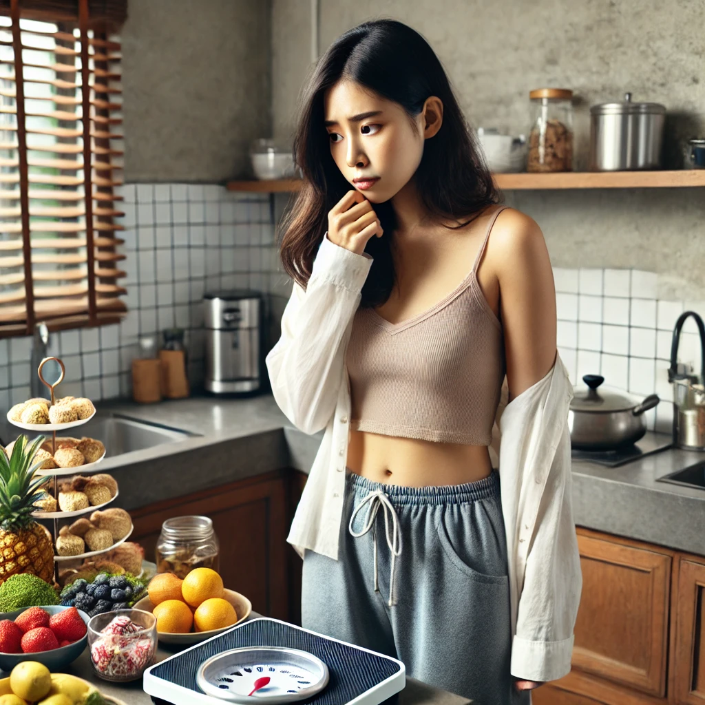 음식 앞에서 체중 때문에 고민하는 여성의 모습