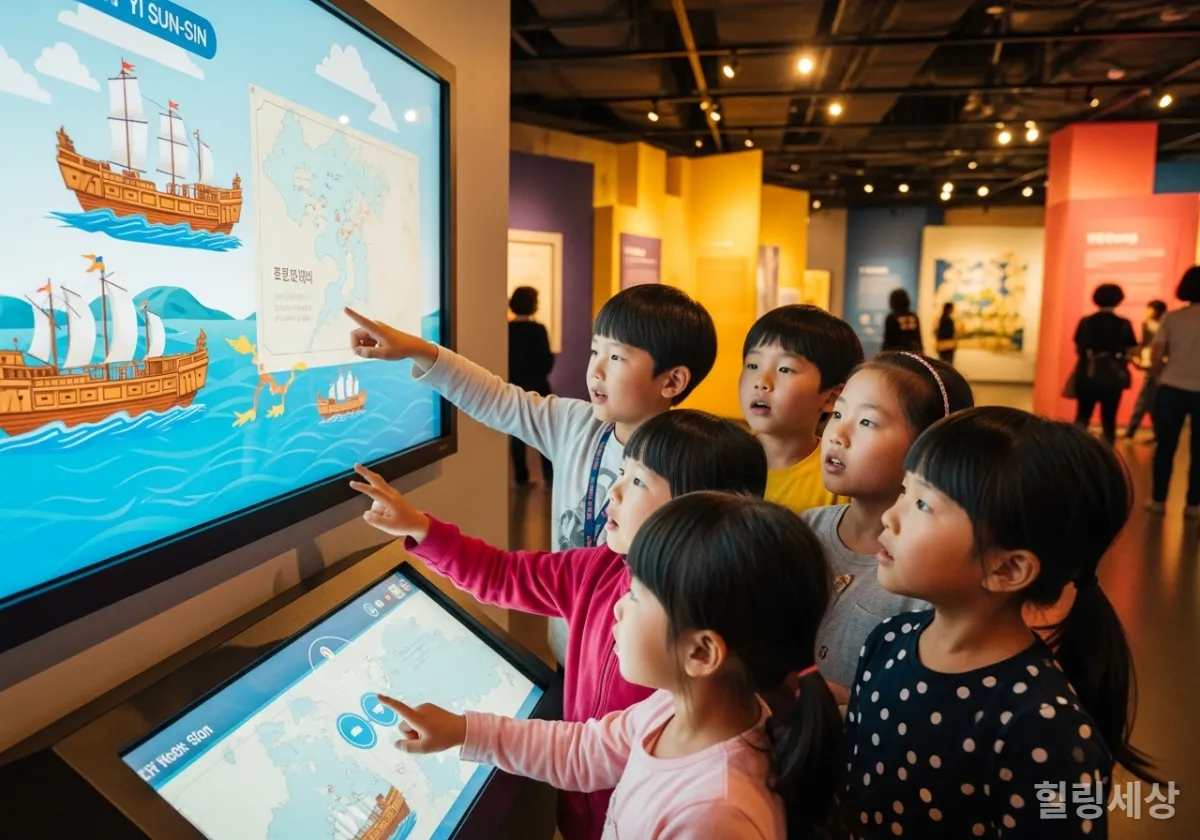 국립중앙박물관 어린이박물관에서 이순신 장군 관련 디지털 전시를 체험하는 아이들