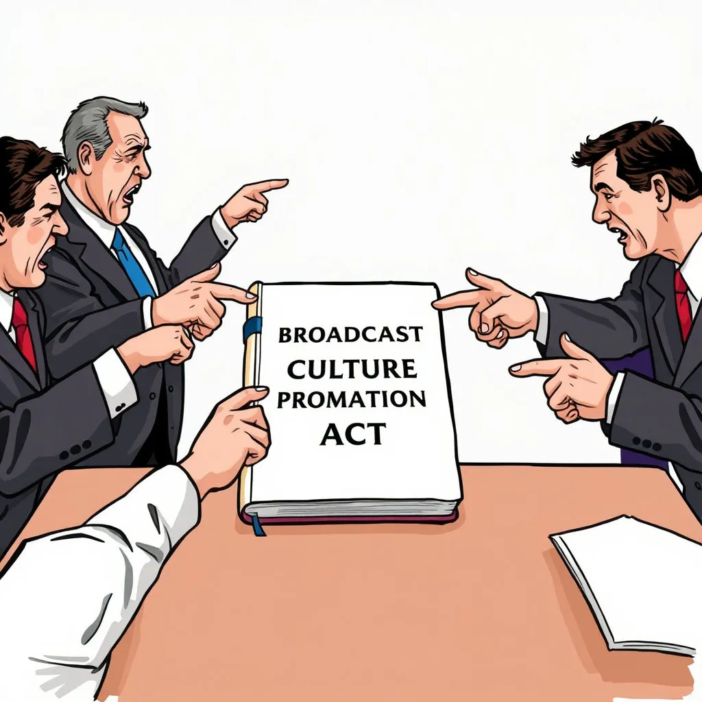 양복을 입은 두 그룹의 사람들이 서로 다른 방향을 가리키며 열띤 토론을 벌이는 모습입니다. 중앙에는