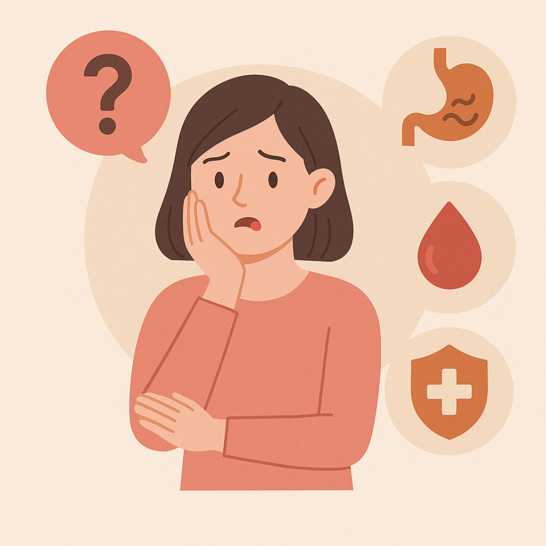 구내염이 자주 생기는 여성이 위장장애, 빈혈, 자가면역질환 등 원인을 고민하는 모습을 표현한 건강 정보 이미지
