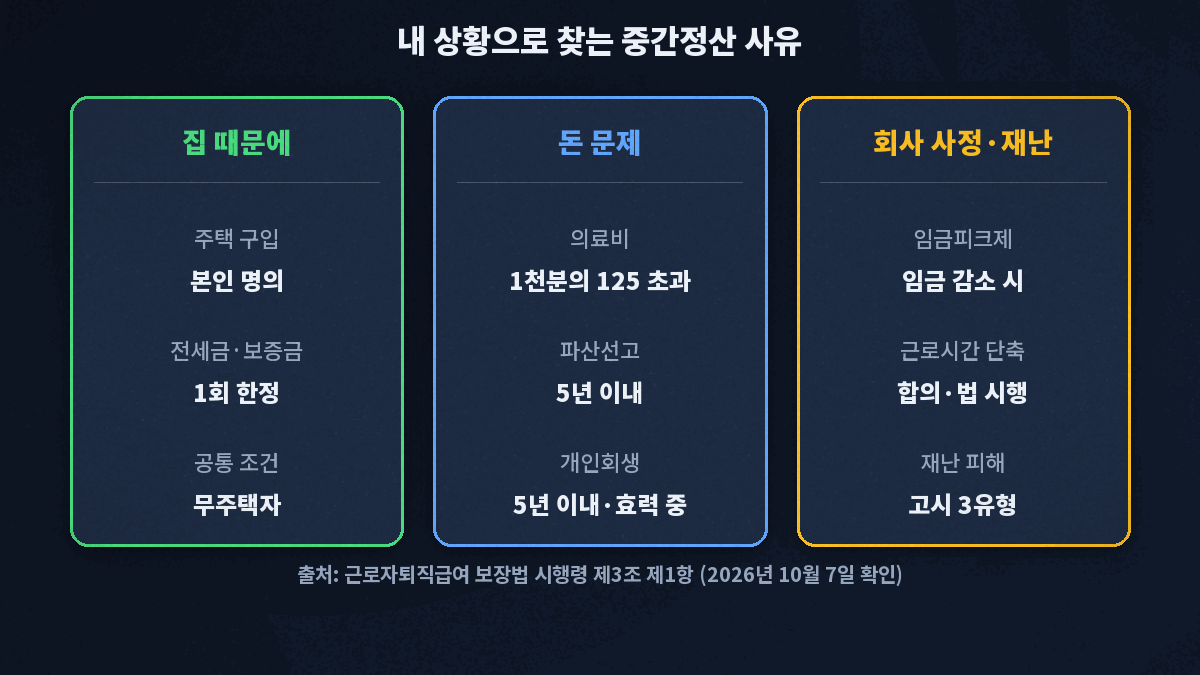 퇴직금 중간정산 사유를 상황별로 묶은 카드. 집 때문에는 주택 구입 본인 명의와 전세금 1회 한정, 공통 조건 무주택자. 돈 문제는 의료비 1천분의 125 초과, 파산선고 5년 이내, 개인회생 5년 이내와 효력 중. 회사 사정과 재난은 임금피크제 임금 감소, 근로시간 단축 합의와 법 시행, 재난 피해 고시 3유형