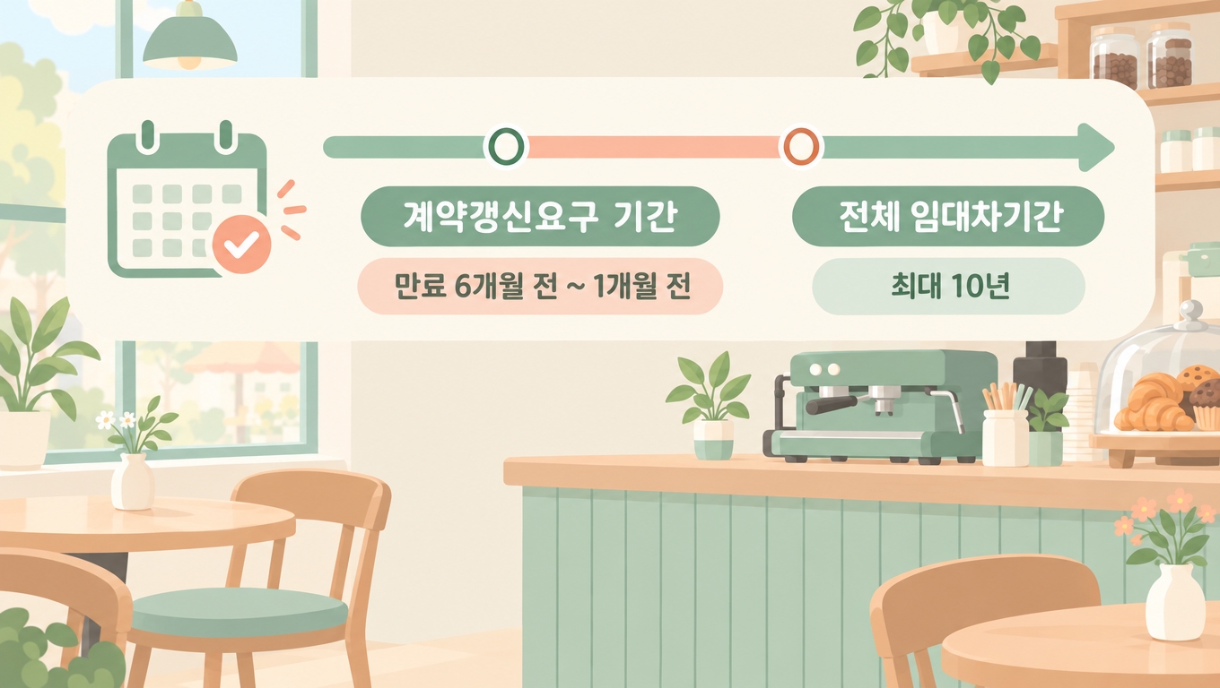 계약갱신요구 기간 인포그래픽 - 만료 6개월 전부터 1개월 전, 전체 임대차기간 최대 10년