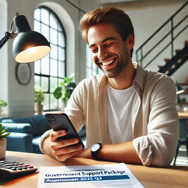정부 지원사업 승인 알림을 받고 기뻐하는 소상공인, 스마트폰을 보며 미소 짓는 모습