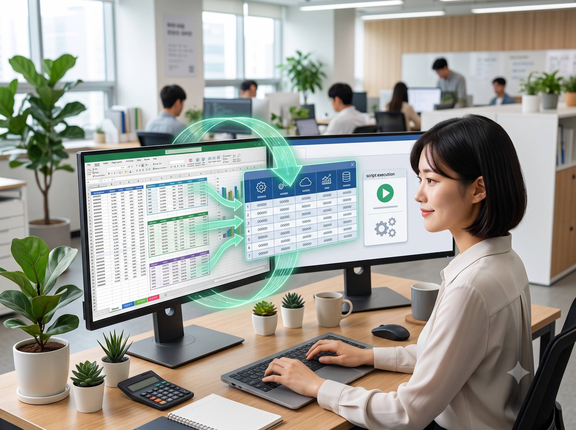 엑셀 자동화 메뉴에서 Office Scripts를 실행하고 표 서식이 자동 적용되는 화면