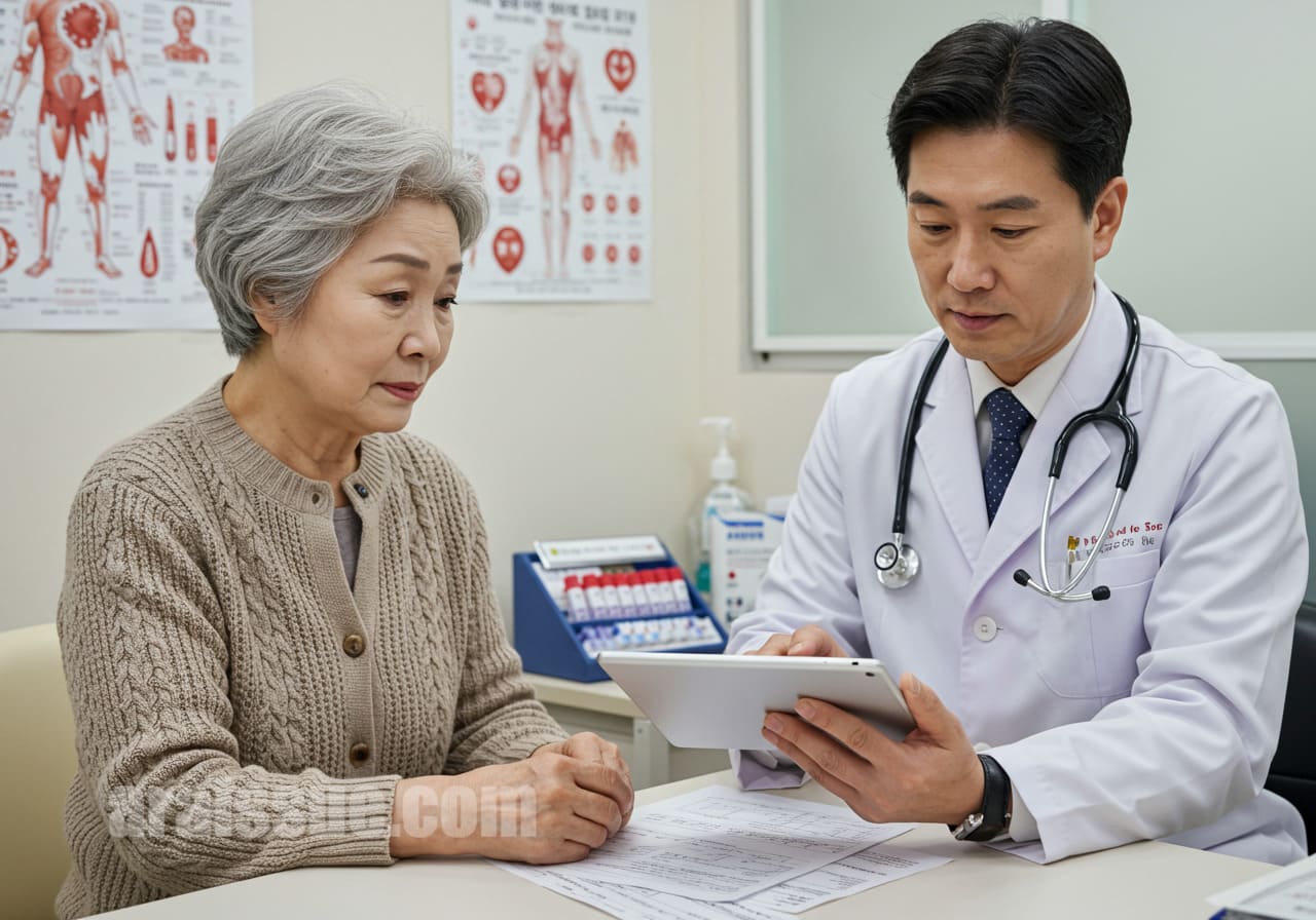 진료실에서 검사 결과 듣는 60대 한국 여성