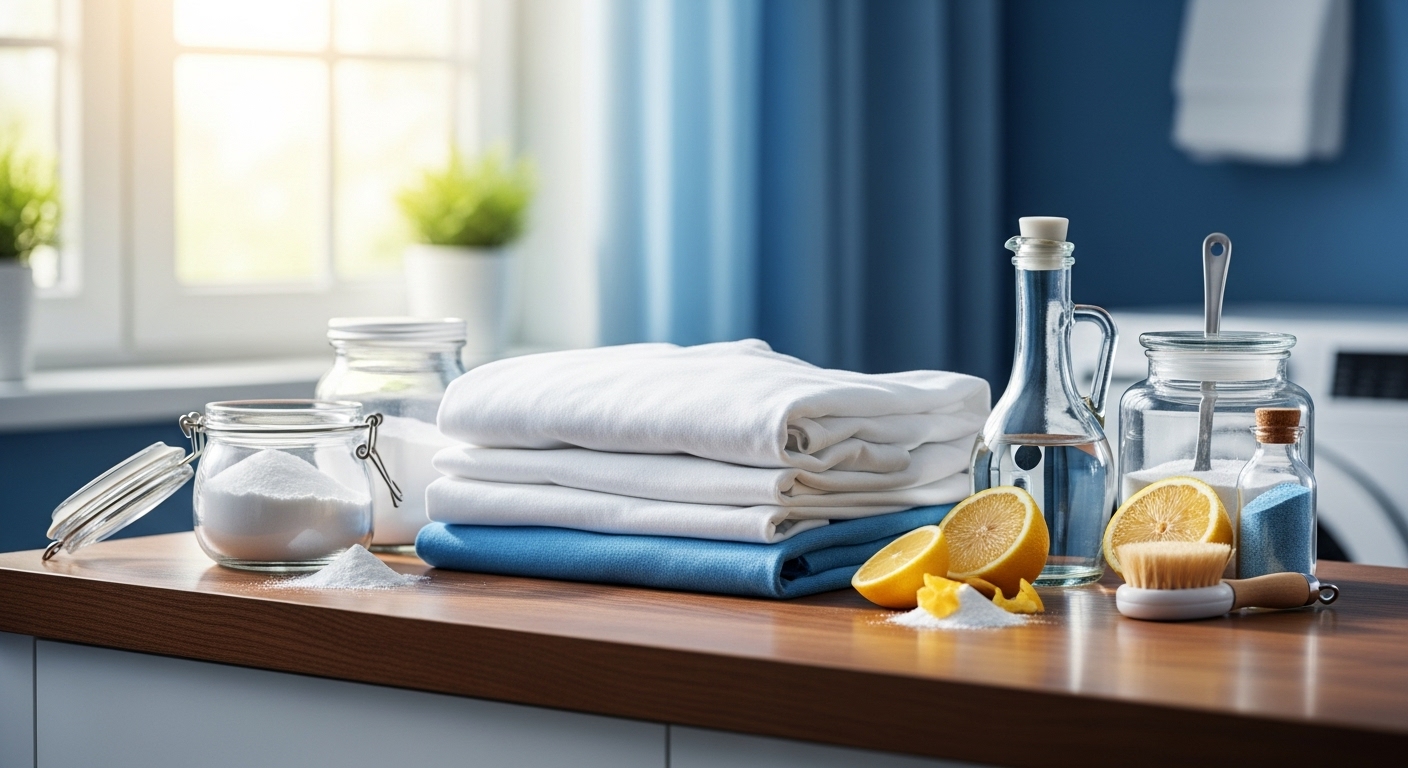깨끗하게 정리된 세탁실에서 베이킹소다, 식초 등 천연 얼룩 제거제를 활용하여 옷 얼룩을 효과적으로 제거하는 모습을 담은 이미지.