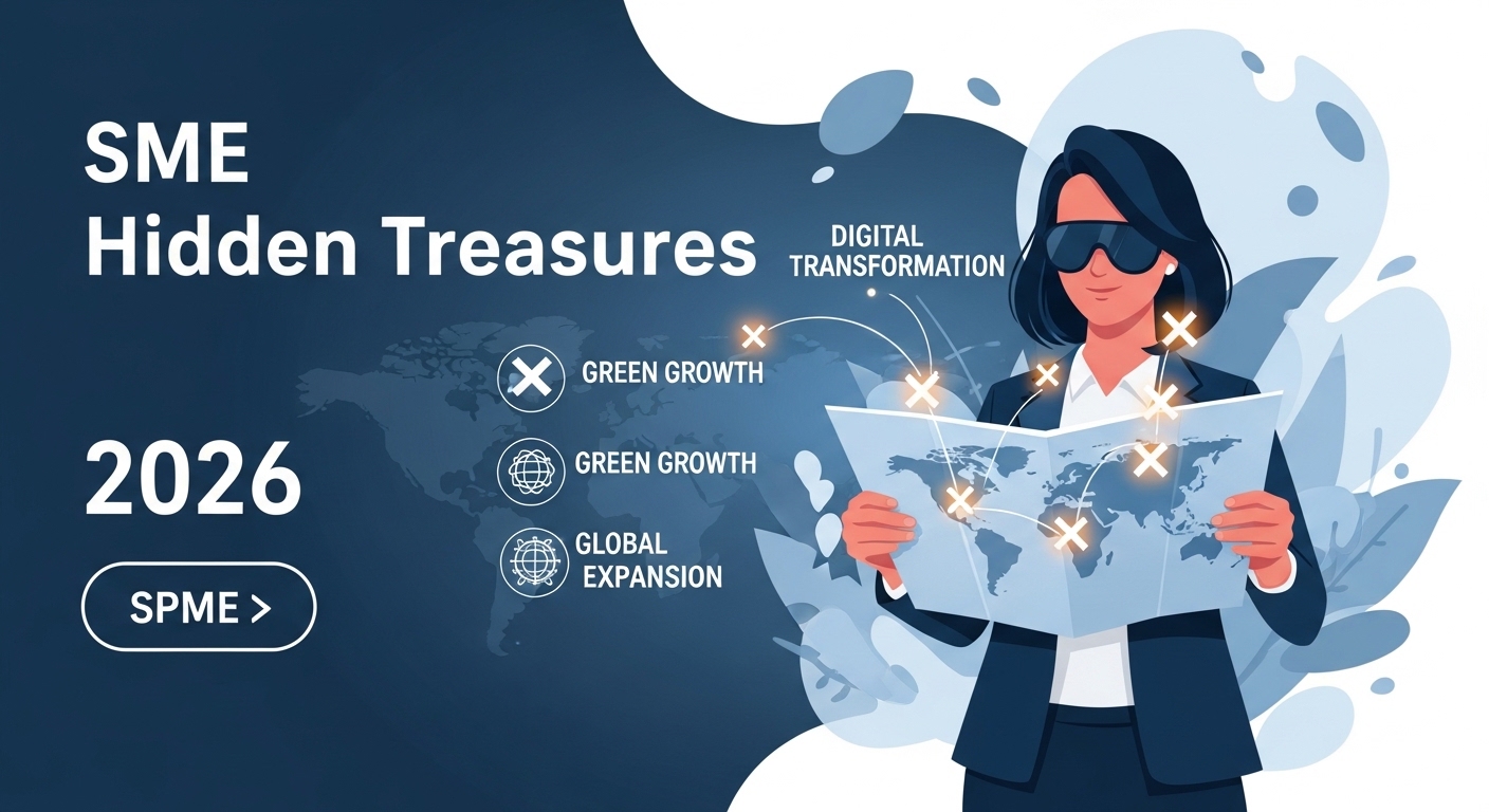 2026년 중소기업 정책자금 지도를 들고 있는 성공적인 CEO의 모습과 숨겨진 보물 기회들을 상징하는 이미지