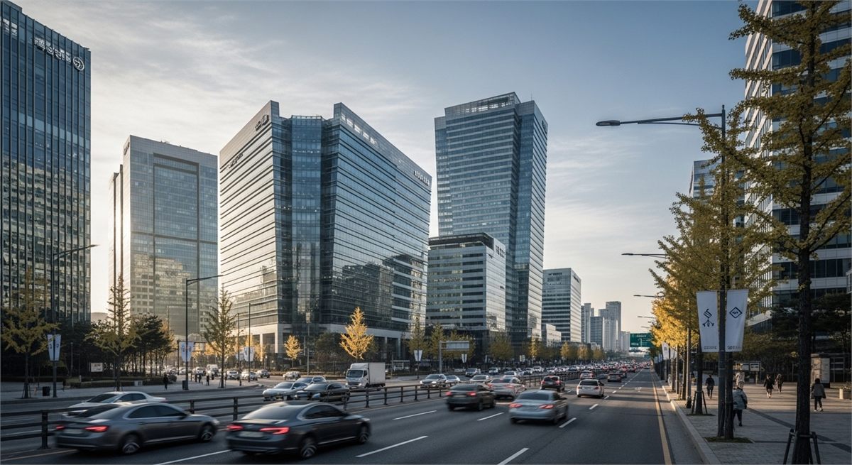 자동차 기업 본사 분위기를 떠올리게 하는 현대적인 업무지구 외부 전경