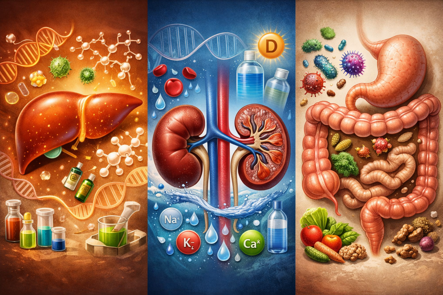 간, 신장, 장이 좌우로 배열된 가로형 일러스트로, 간은 독소 분해를, 신장은 혈액 여과와 수분 조절을, 장은 노폐물 배출과 장내 미생물 작용을 시각적으로 표현한 인체 해독 시스템 이미지