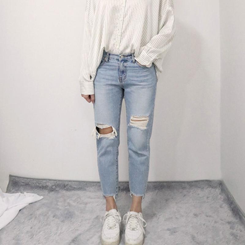 여자 찢청 바지 찢어진 청바지 디스트로이드진 빅사이즈