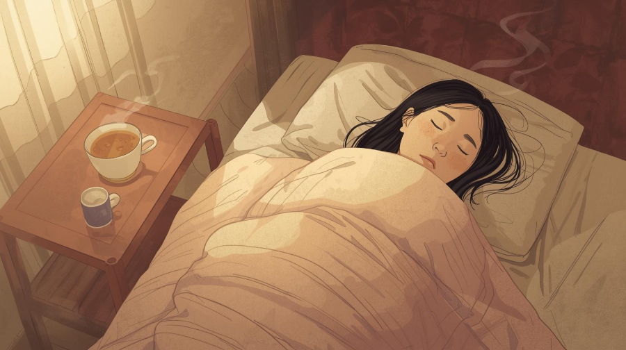 코로나 경증 환자가 따뜻한 차와 담요로 휴식을 취하는 그림