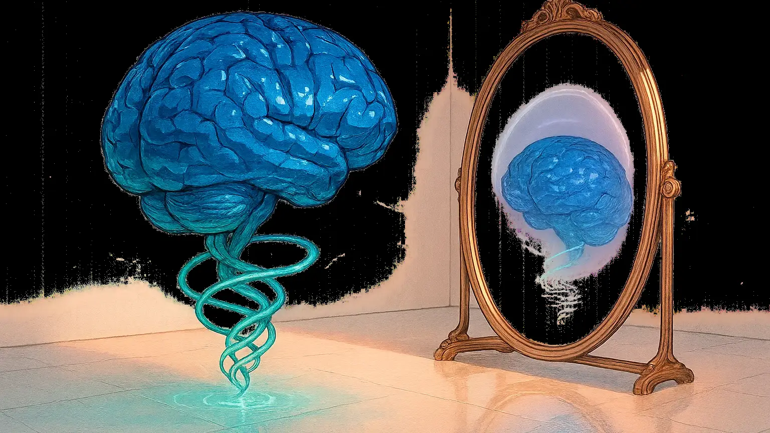 메타인지를 통해 자신의 사고 과정을 성찰하는 모습을 형상화한 뇌와 거울의 조화로운 이미지