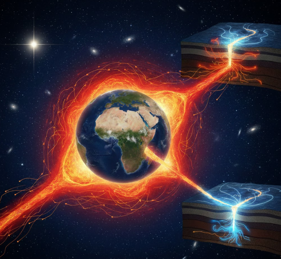 지구 내부 맨틀의 열대류 현상으로 인해 대륙이 이동하고 해저가 확장되는 과정을 시각화한 과학 교육용 일러스트