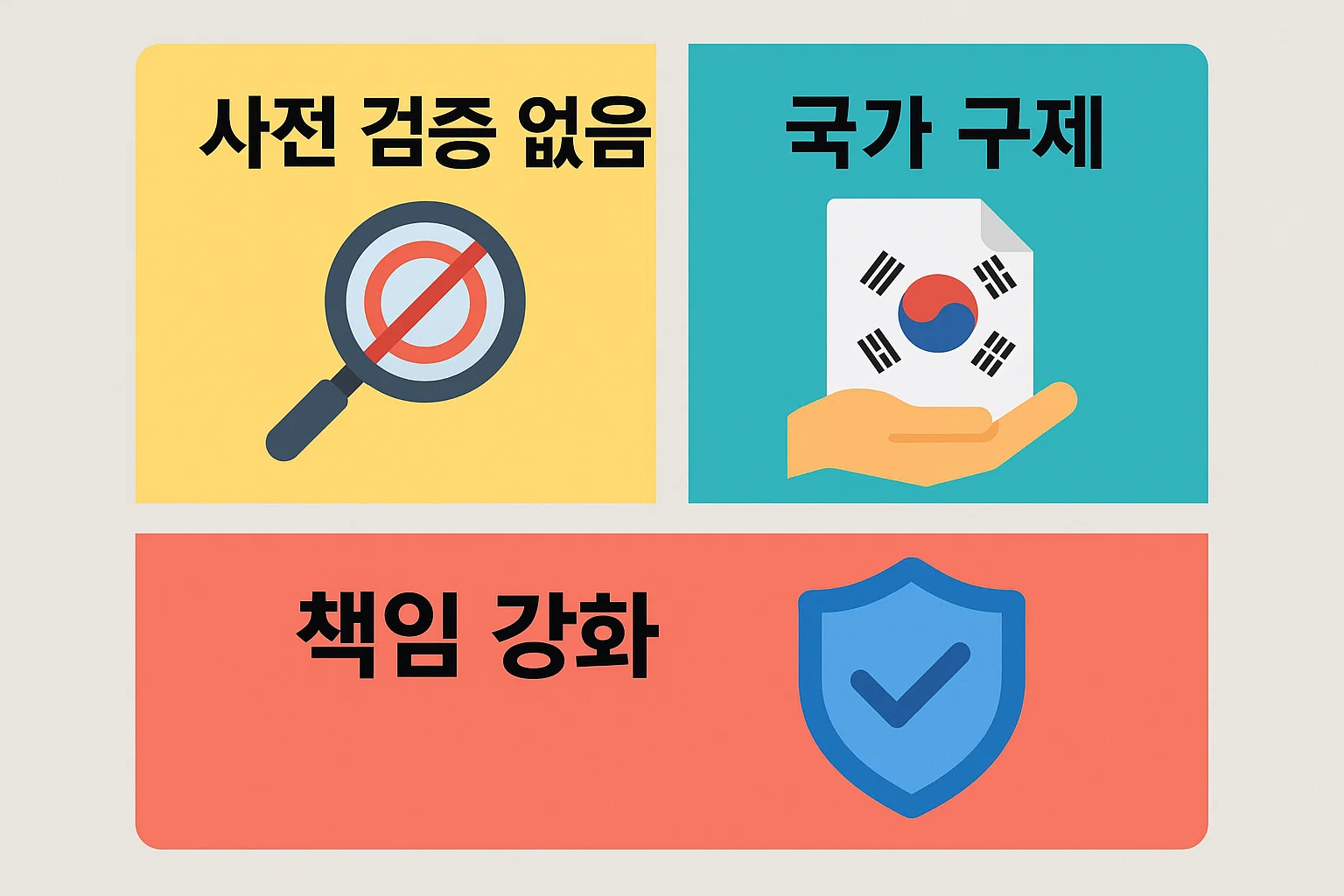 사전 검증 부재 시절과 국가 규제 도입 이후를 비교해 책임 강화와 관리 체계 변화 포인트를 정리한 정책 비교 이미지입니다