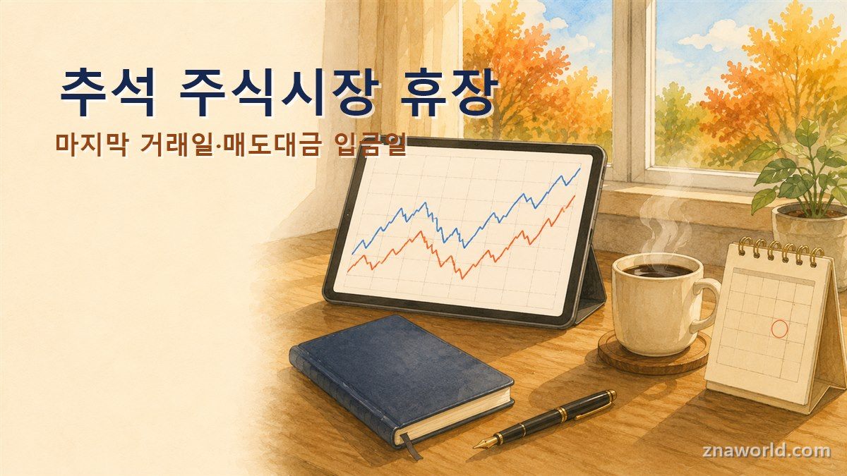 추석 연휴 주식시장 휴장을 앞둔 책상 위 태블릿과 달력