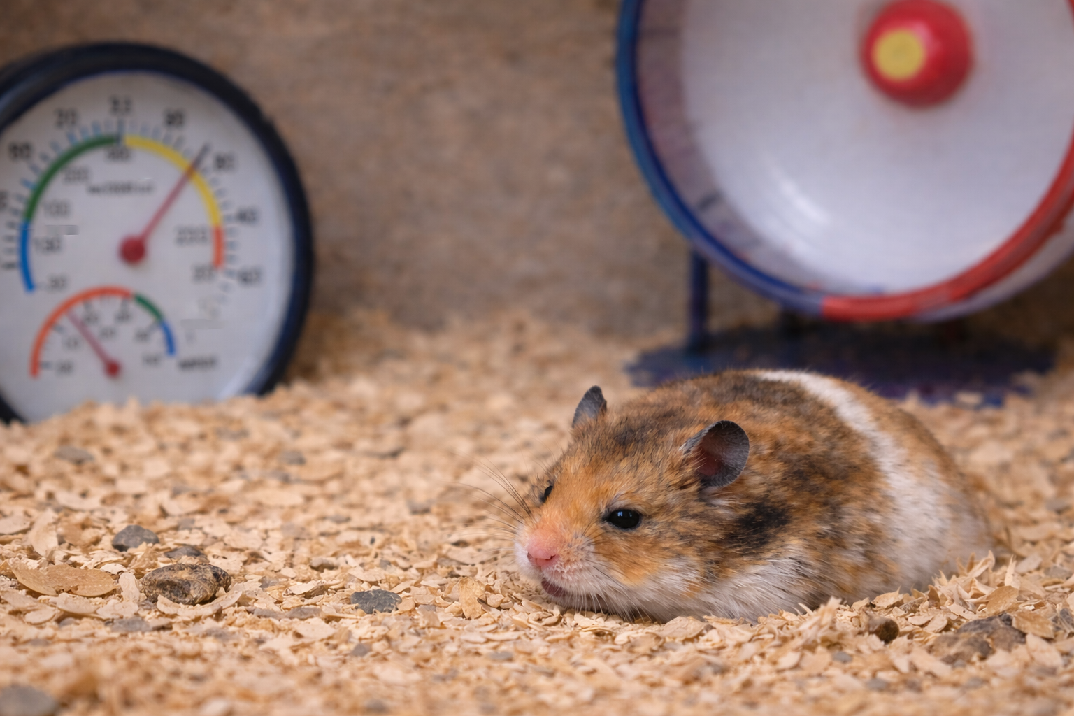 바퀴 앞에서 누워 쉬고있는 햄스터 이미지