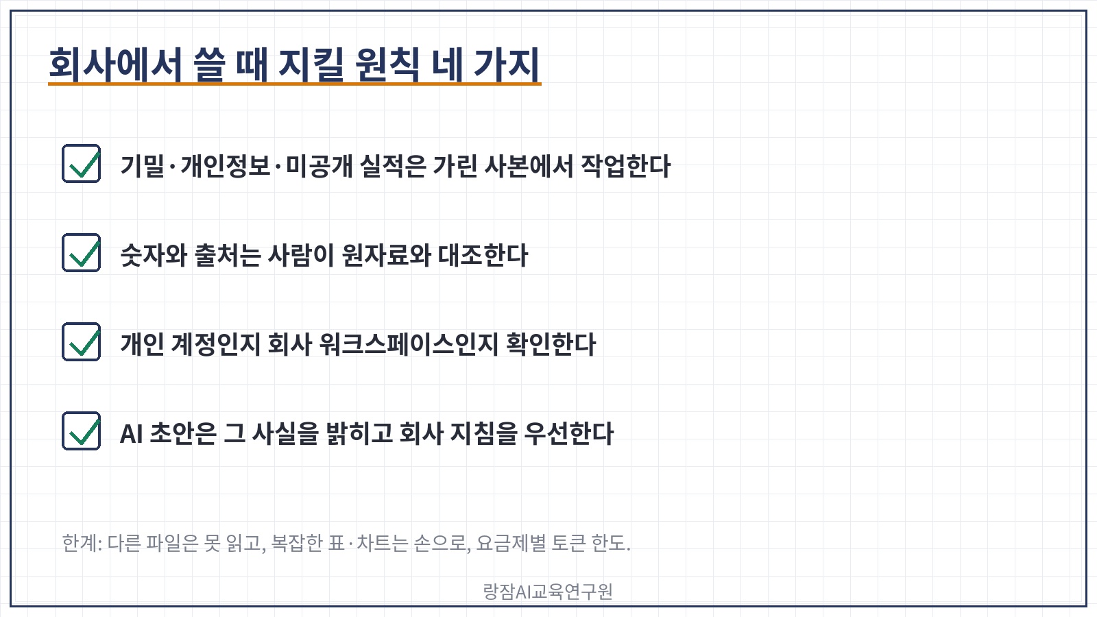 회사에서 지킬 원칙 네 가지 — 기밀·개인정보 입력 금지, 숫자와 출처 검증, 계정 종류 확인, AI 초안 표기