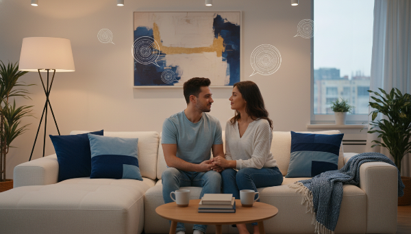 행복하게 마주 보며 진지한 대화를 나누는 예비부부의 모습