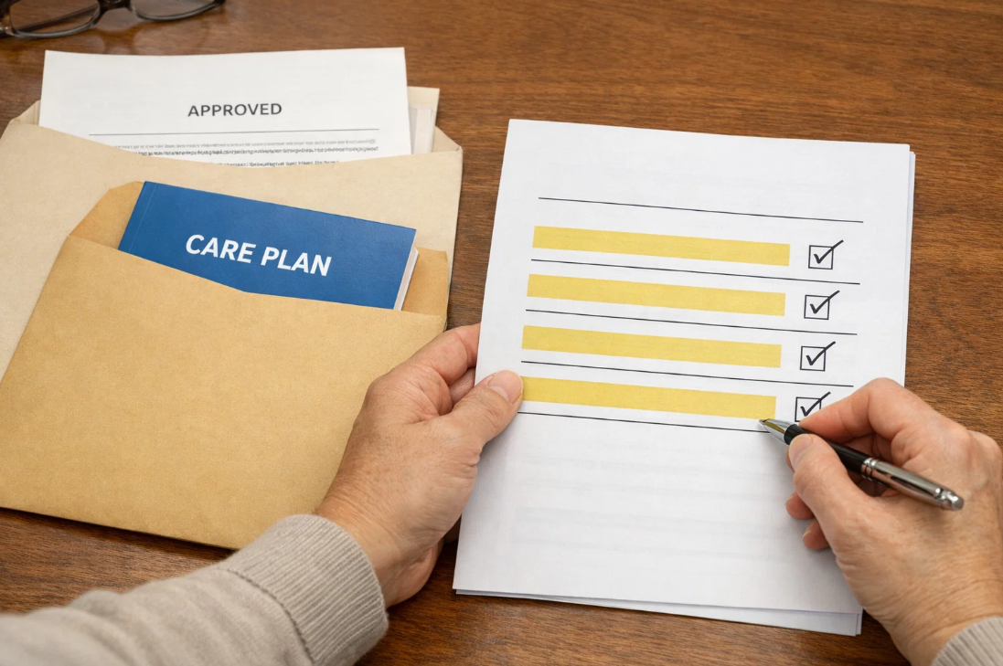 장기요양등급 승인 결과와 개인별 장기요양 이용계획서를 확인하는 장면