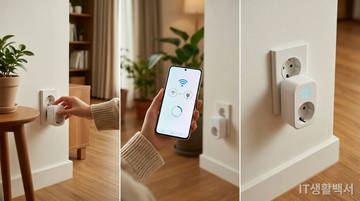 스마트 플러그를 콘센트에 꽂고 스마트폰 앱으로 연동하는 과정